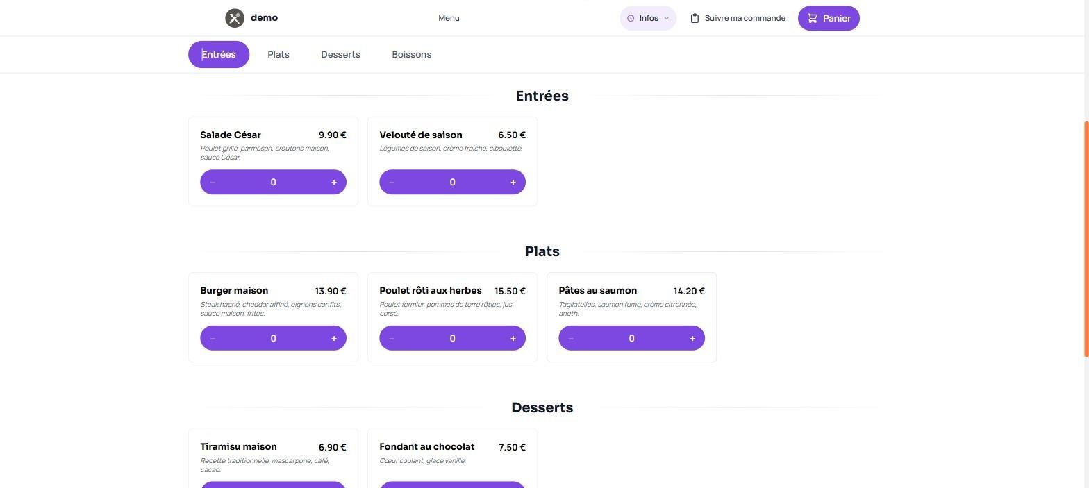 Menu digital Kwizin vu par le client, avec photos et prix par catégorie