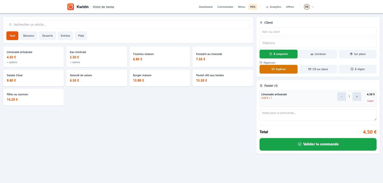 Caisse (POS) Kwizin avec panier en cours et articles du menu